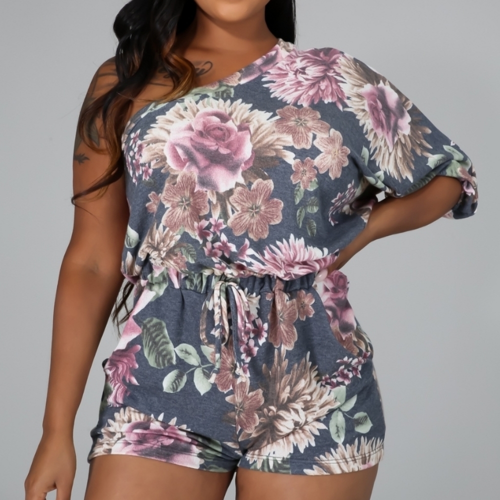 Floral Gray Pink One Shoulder Romper